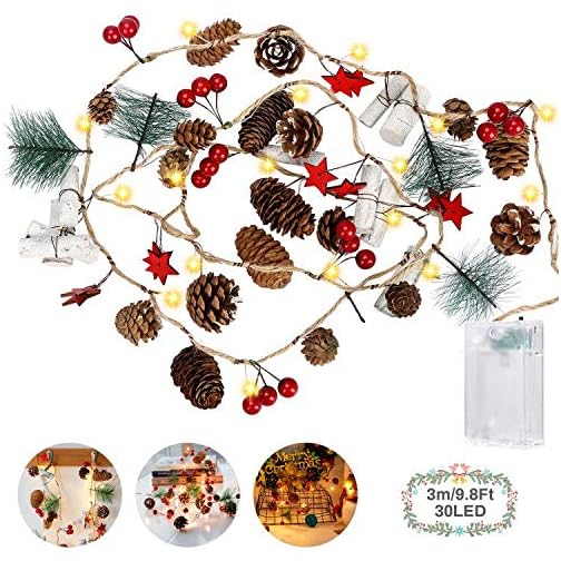 BestFire 9.84FT Christmas Pinecones String Lights with 30 LED Red Berry Bell Xmas Garland Pinecone Fairy String Lights…