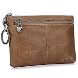 S-ZONE Women's Genuine Leather Mini Wallet Change Coin Purse Card Holder with Key Ring (Vintage Light Brown)