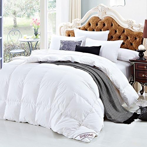 SHEONE 600 Thread Count Goose Down Comforters 100% Cotton 750 Plus Fill Power Shell Down Proof-Solid Hypo-Allergenic with Corner Tab, Full/Queen, White