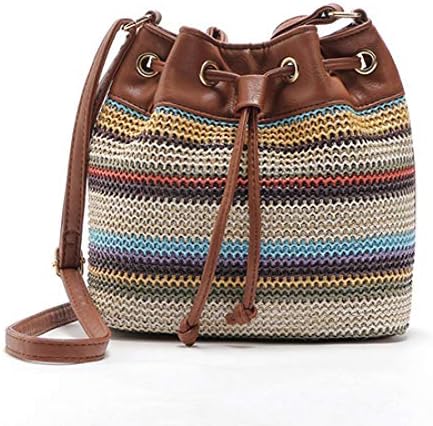 WYLNSTB Lady bags Women Bohemia Style Drawstring Handbags PU Canvas Shoulder Bag Rope Stripe Straw Bucket Bag Original Tote Satchel Sac