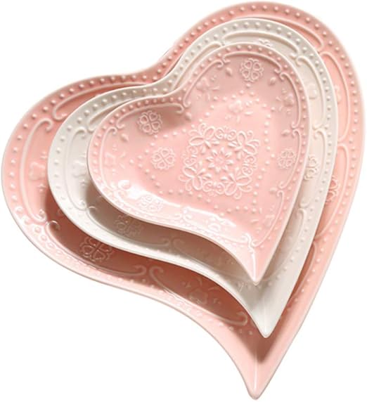 Ceramic Dinner Dishes Set for 3 Lace Relief Heart Shaped Dinnerware