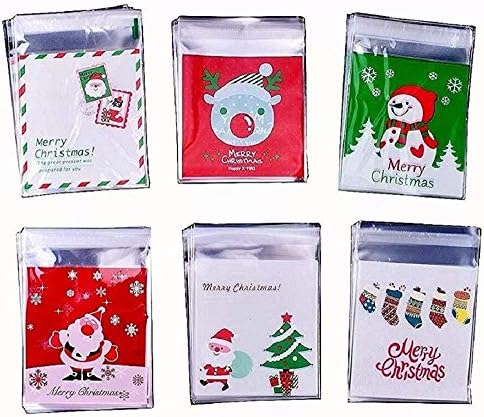 120 Pcs Self Adhesive Christmas Candy Cookie Bags 6 Different Pattern for Bakery Biscuit Chocolate Snacks Dessert Homemade Crafts (Merry Christmas)