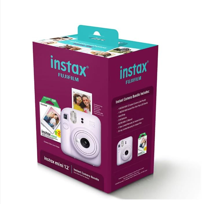 Fujifilm Instax Mini 12 Instant Camera with 20 Bonus Film Sheets - Lilac Purple, Selfie-Ready Fun Camera
