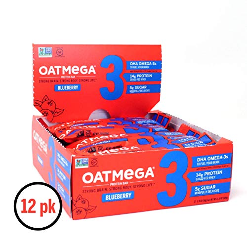 OATMEGA Protein Bar, Blueberry, Energy Bars Made with Omega-3 and Grass-Fed Whey Protein, Healthy Snacks, Gluten Free Protein Bars, Whey Protein Bars, Nutrition Bars, 1.8 Ounce (12 Count)