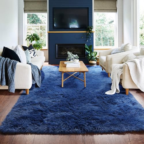 Navy Blue Fluffy Living Room Rugs, Furry Area Rug 5x8 for Bedroom, Shag Rug for Kids Room, Living Room Decor, Fuzzy Carpet for Nursery, Plush Rug for Game Room, Soft Shaggy Rug for Play Room