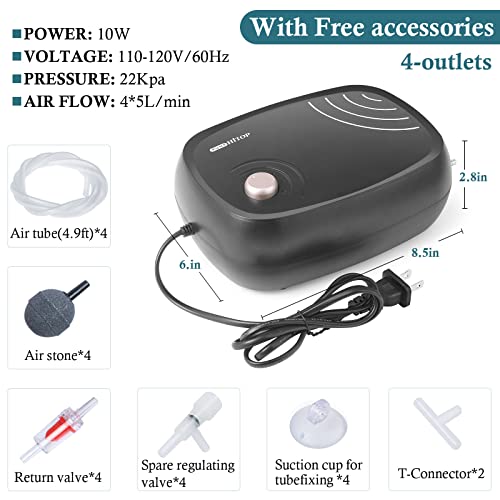 HITOP 10W Powerful Aquarium Air Pump 4Outlets 320GPH Air Pump for