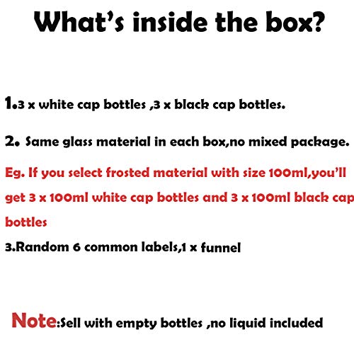 6 Packs Small Juice Mini Glass Liquor Wine Bottles for Beer Milk Beverage Perfume Oil Sauce Whiskey Soda Liquid Storage Honey Drink Containers with Leak Proof Cap (100ML/3.38OZ, Frosted Glass)