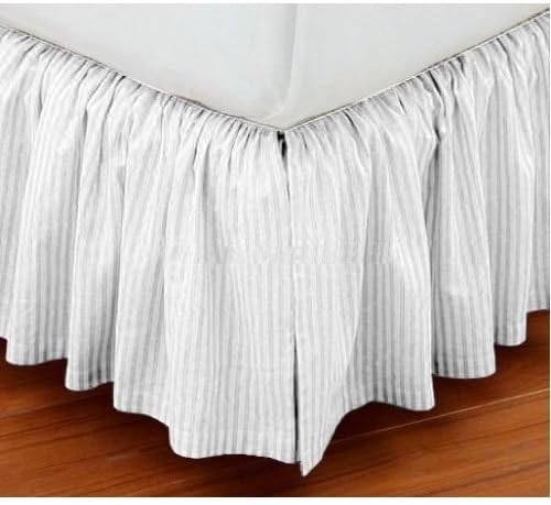 Vedanta Home Collection Hotel Quality 700-Thread-Count Egyptian Cotton Queen Size One Piece Dust Ruffle Bed Skirt 15 Inch Drop Length White Striped