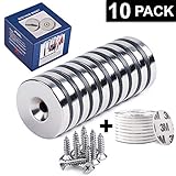 Ultra-Strong Neodymium Disc Countersunk Hole Magnets 10-Pack, 10 X Screws & 10 X Double-Sided Adhesives | Permanent Rare Earth Magnets | 1.26