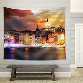 Istanbul at a Dramatic Sunset with Clouds - Fabric Wall Tapestry Home Decor - 51x60 inches