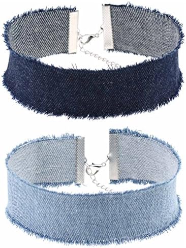 Tupai Women Girls Teens Hip Hop Choker Necklaces Set Punk Denim Lockbone Necklace Neck Strap Collar Adjustable (2pcs sky blue)