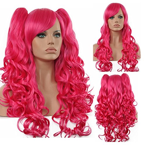 Diy-Wig Hot Pink Ponytails Wig Set Short Pink Wig with 2 Clip-In Cosplay Wig