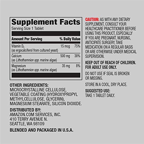 Amazon Elements Calcium plus Vitamin D, Calcium 500mg with D2 600IU, Vegan, 65 Tablets (2 month