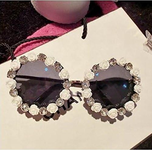 Bling Sunglasses Fashion Women Black Round Sunglasses Ivory Roses Flower Floral Sparkly Sunglass