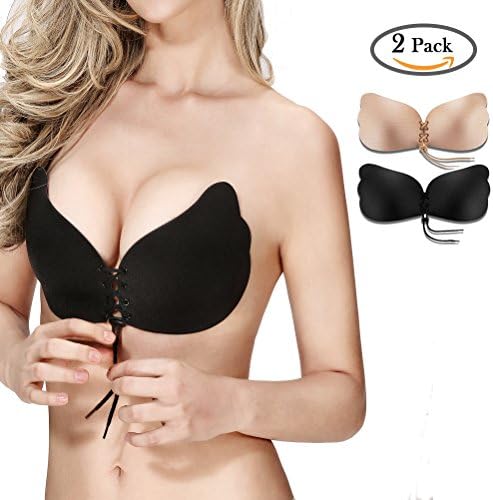 Women Sexy Self Adhesive Invisible Butterfly Backless Strapless Push up Bra 2 Pack (D Cup, A Black &amp; A Beige)