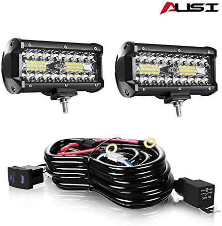 AUSI 7 Inch LED Light Pods, 2 Pcs 120W Spot Flood Combo Beam Triple Row Light Bar Waterproof Led Work Lights&Wiring Harness Kit for ATV UTV Truck Boat Golf Cart Off Road Fog Driving Bumper Light AUSI 7 Inch LED Light Pods, 2 Pcs 120W Spot Flood Combo Beam Triple Row Light Bar Waterproof Led Work Lights&Wiring Harness Kit for ATV UTV Truck Boat Golf Cart Off Road Fog Driving Bumper Light