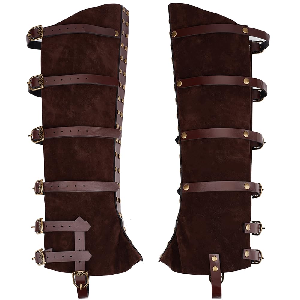 GORGECRAFT 2Pcs Knight Leg Guards Gaiters Steampunk Medieval Boot Covers Renaissance Pirate Cosplay Imitation Leather Leg Warmer Wraps Shoes Accessories for Halloween Costume Viking Coconut Brown