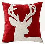 Cotton Linen Square Decorative Throw Pillow Case Cushion Cover Beige Shadow Deer Red Background Best Christmas Gift 18 