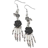 Gothic Skull Hand Earrings for Women Vintage Rose Flower Skeleton Hand Drop Dangle Earring Goth Skeleton Earrings Scary Halloween Party Jewelry