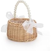 Wicker Rattan Flower Girl Basket Wedding Small with Pearl Handle and White Bow Fairy Handwoven for Home Decorations