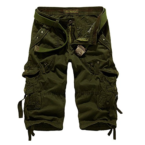 Mens Camo Casual Solid Multi Pockets Cargo Shorts Capri Pants Slim Fit  Cotton