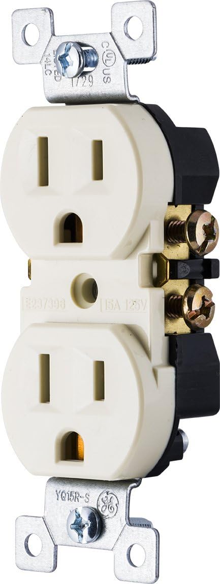GE, Ivory, Grounding Duplex Outlet, In Wall Receptacle, 3 Prong Electrical Socket, Easy Install, 15 Amp, UL Listed, 54308, Standard - Electrical Outlets - 