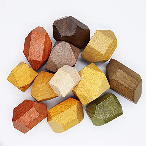 Natural Wooden Blocks Colored Wooden Stones Stacking Game Educational Puzzle Preschool Toy (Large Size (12PCS))