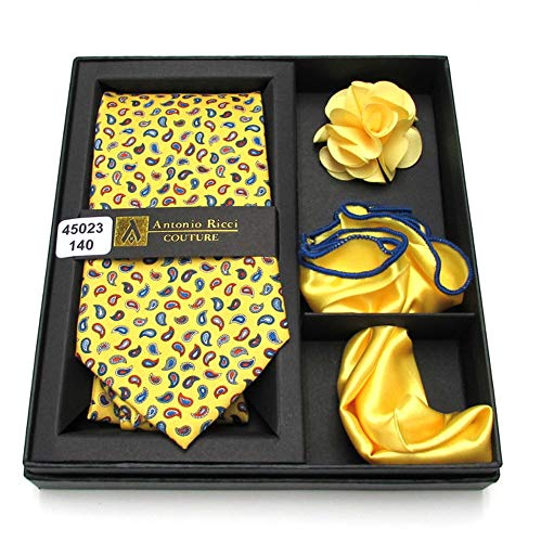 Men's 4 PC Micro Paisley Tie Necktie, Two Pocket Squares & Flower Lapel Pin Set (Yellow)
