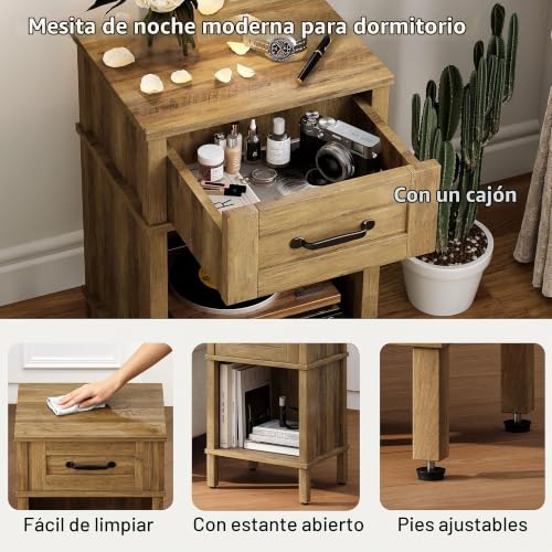 YAUKTAK Wooden Bedside Table Side Table with Drawers Open Compartment Modern Minimalist Bedside Table Bedroom Living Room Rustic Brown LET512DR