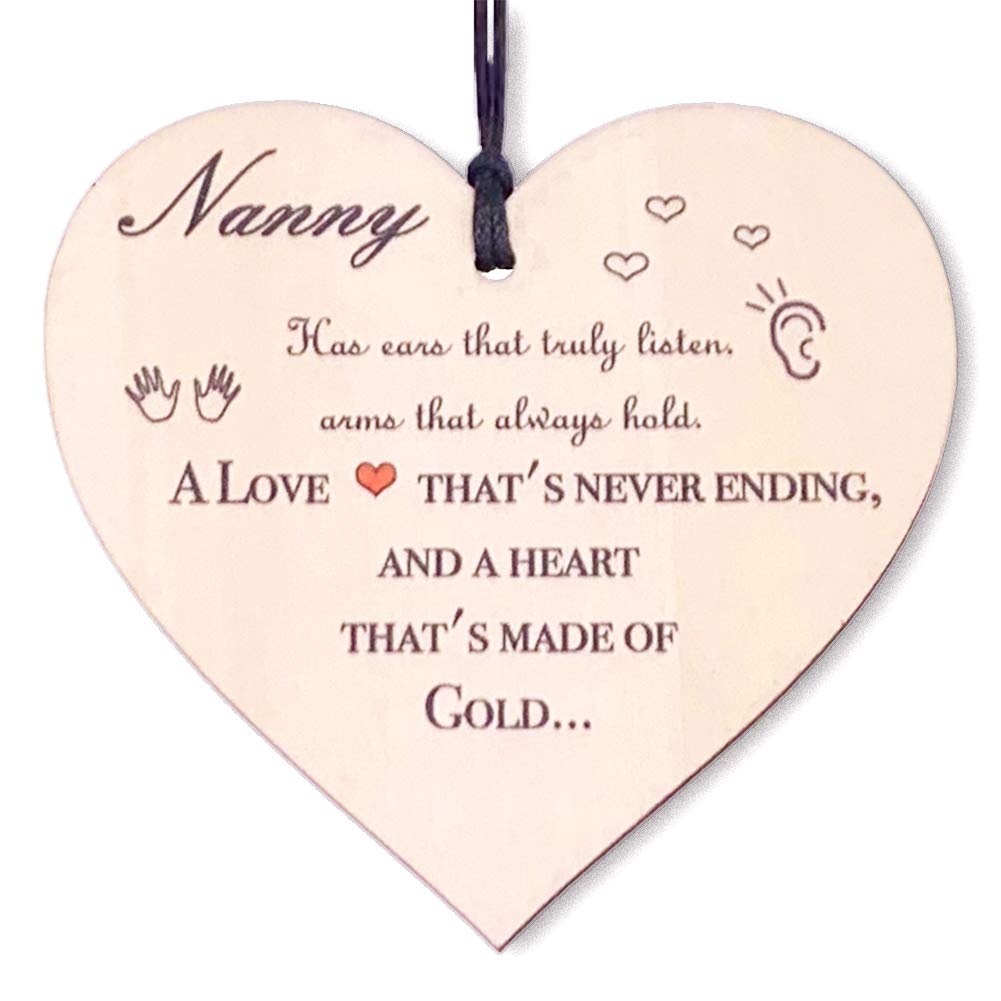 HONZEE Nanny Gifts Has A Heart Of Gold Hanging Wooden Heart Plaque Sign Christmas Xmas Presents Cute Grandmother Gift Nanny Ear Plaque
