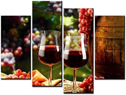 ClassiceDecorArt Wall Art Paintings - 4 Pieces Decor Art of two Bottles of Wine and Oak Wine Barrel Painting - The pictures Print on Canvas for Modern Home Decor Decoration