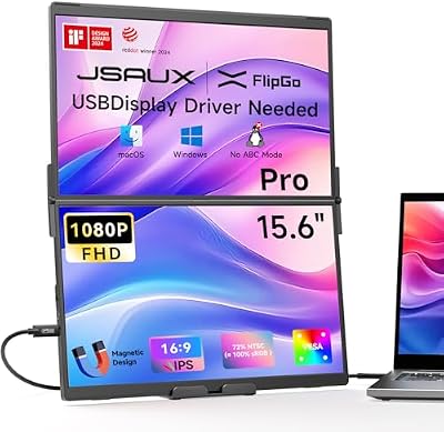 FlipGo Pro 15.6" Extension Triple d’Écran pour Ordinateur Portable, 1080P Double Moniteur pour PC Portable pour Windows/macOS(Pilote requis), Connexion Via Un Seul câble/Design Magnétique
