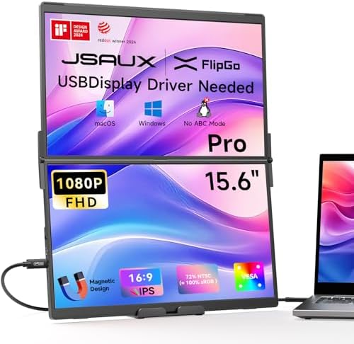 FlipGo Pro 15.6" Extension Triple d’Écran pour Ordinateur Portable, 1080P Double Moniteur pour PC Portable pour Windows/macOS(Pilote requis), Connexion Via Un Seul câble/Design Magnétique