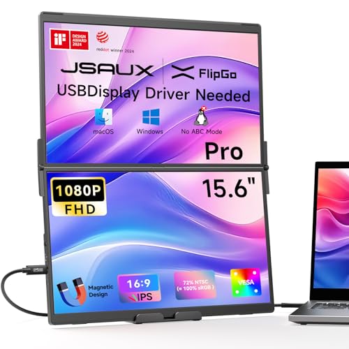FlipGo Pro 15.6" Monitor Portátil Doble, 1080P Extensor de Pantalla para Laptop, Extensible Pantalla Portátil Triple con Diseño Magnético, Compatible con Windows/macOS (Se Requiere Controlador)
