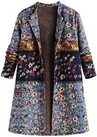 TUDUZ Womens Winter Warm Outwear Vintage Floral Print Button Pockets Parka Oversize Cotton Linen Fluffy Fleece Thick Coats