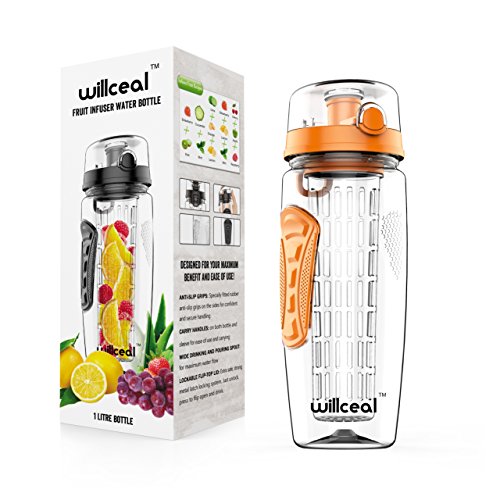 Willceal Fruit Infuser Water Bottle 32oz Durable, Large - BPA Free Tritan, Flip Lid, Leak Proof Design - Sports, Camping (Orange)