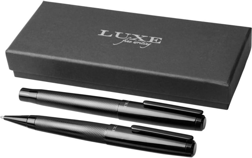 Schreibset aus hochwertigem Kugelschreiber & Tintenroller mit Schaft in Rotguss-Kupfer und in schwarzem Oktaeder-Aluminium ALS Geschenkset hochwertigeGeschenkverpackung von notrash2003
