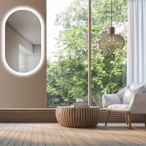 HOKO® Oval LED Design Mirror, 45 x 75 cm, High + Horizontal Mount, Illuminated Bathroom Mirror, Also as Vanity Mirror