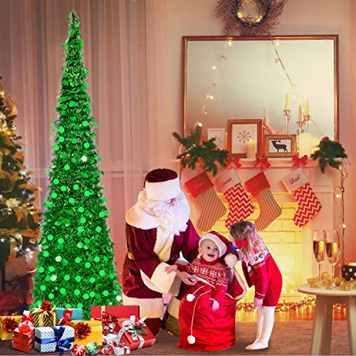 MACTING 6ft Pop up Christmas Tinsel Tree with Stand Easy-Assembly Tinsel Coastal Glittery Christmas Tree for Holiday Xmas Decorations(6FT Green)