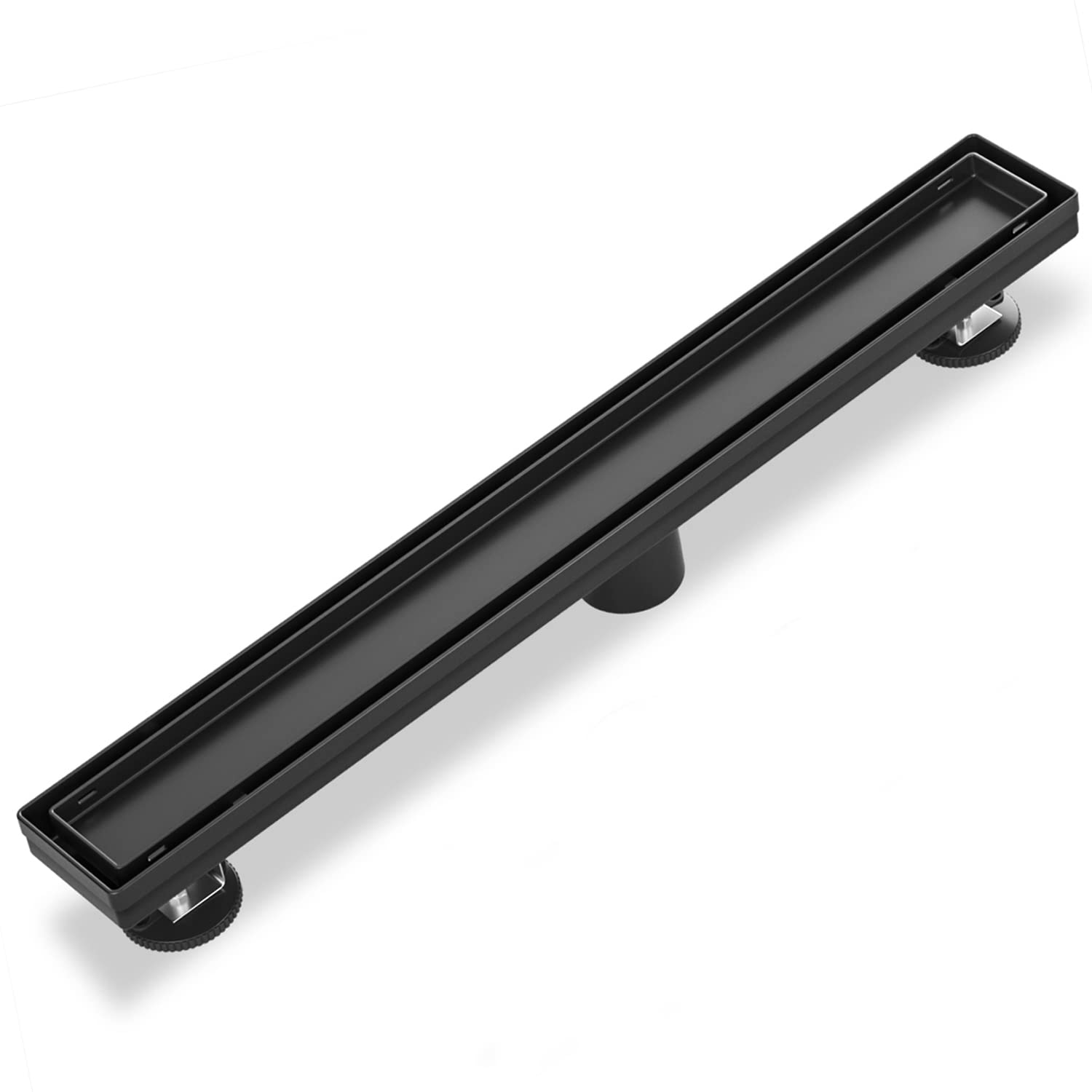 Photo 1 of Dilvii 26 Inch Linear Shower Drain Tile Insert Matte Black, Stainless Steel Rectangle Floor Drain with Reversible Cover, Hair Catcher, Adjustable Feet