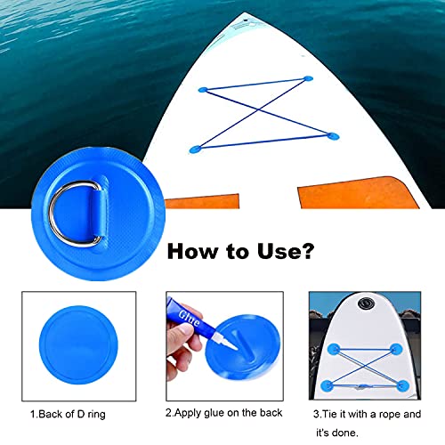 YUNNLEZT D-Ring Patch Kit, 6 Piece Stainless Steel D-Ring Patch Pads with 16ft Blue Elastic Bungee Cord for SUP PVC Inflatable Boat Kayak Canoe
