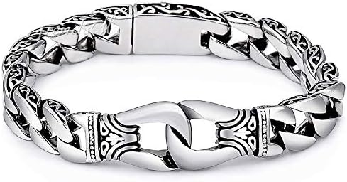 Men's Bracelet 316L Stainless Steel Wristband Biker Jewelry Vintage Totem Curved Edging Curb Cuban Link Chain HB10 26cm