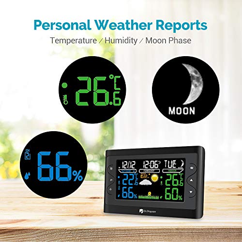 Dr. Prepare Digital Weather Station Wireless Indoor Outdoor Thermometer with 7.6" Colored LCD, Adjustable Brightness, Accurate Indoor Temperature and Humidity, Alarm, and Battery Backup (Black)