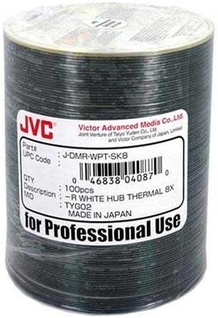 100 JVC Taiyo Yuden 8X DVD-R 4.7GB White Thermal Hub Printable