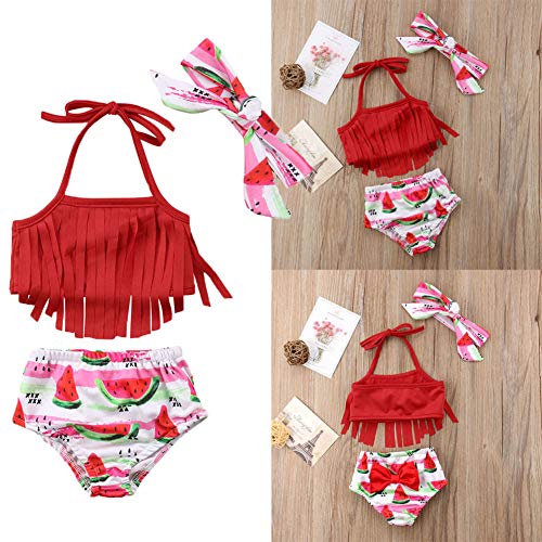 Toddler Kids Baby Girl Swimwear Cute Dinosaur Print Tassel Top Bikini Set Summer Swimsuit Beachwear with Headband (Watermelon-Red, 12-18 Months) - Thumbnail 7