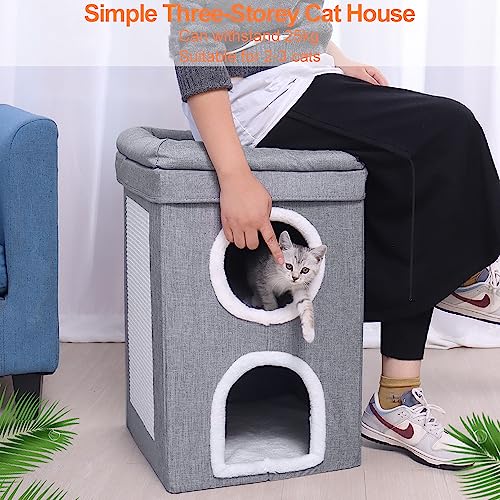 Foldable Cat House 2-in-1 Large Cats Cave Kitten Bed with Cube Cat Scratching Pad Collapsible Pet Hideaway Playground Kitten Tunnel Sleeping Cot Condo Furniture Baby Cat Stool Play Center(Grey)