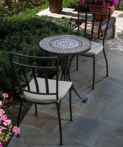 Patio Dining Set. Outdoor, Small Furniture Kit For Porch, Lawn, Pool, Garden, Balcony Diner, Bistro, Seating 2 Person. Outside, Round Table & Chairs Of Wrought Iron With Mosaic, Geometric Blue Pattern