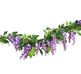 Sunrisee 2 Pcs Artificial Flowers 6.6ft Silk Wisteria Ivy Vines Hanging Flower Greenery Garland for Wedding Party Home Garden Wall Decoration, Purple