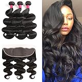 9A Peruvian Body Wave Bundles with Frontal (16 18 20+14 Frontal) Ear to Ear Lace Frontal Closure, Peruvian Virgin Human Hair Bundle with Frontal Unprocessed Human Hair Natural Black Color.16 18 20+14