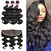 9A Peruvian Body Wave Bundles with Frontal (16/18/20+14 Inch Frontal) Ear to Ear Lace Frontal Closure, Peruvian Virgin Human Hair Bundle with Frontal Unprocessed Human Hair Natural Black Color